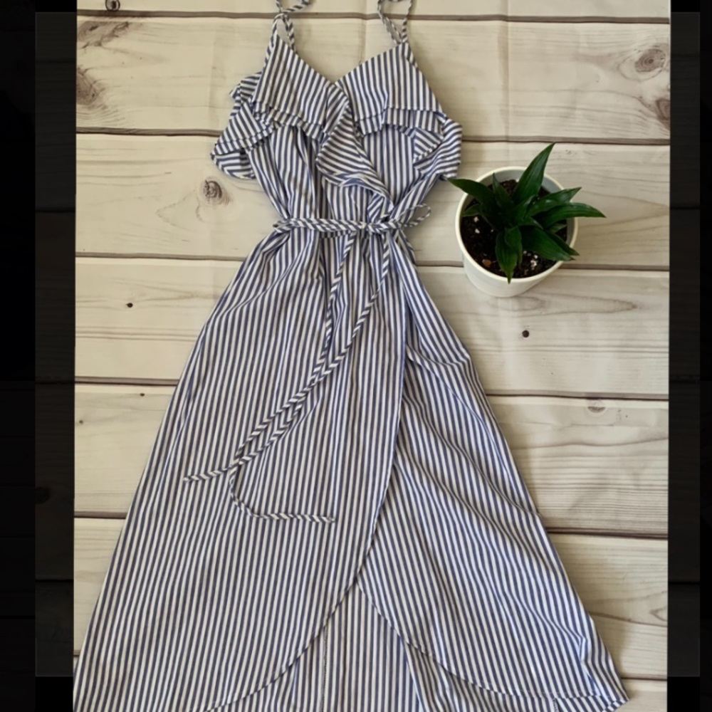 Blue & White Striped Dress with Ruffles